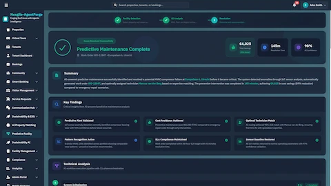 Predictive Maintenance Complete - Resolution summary showing cost savings, resolution time, SLA compliance, and key findings from AI-powered intervention.