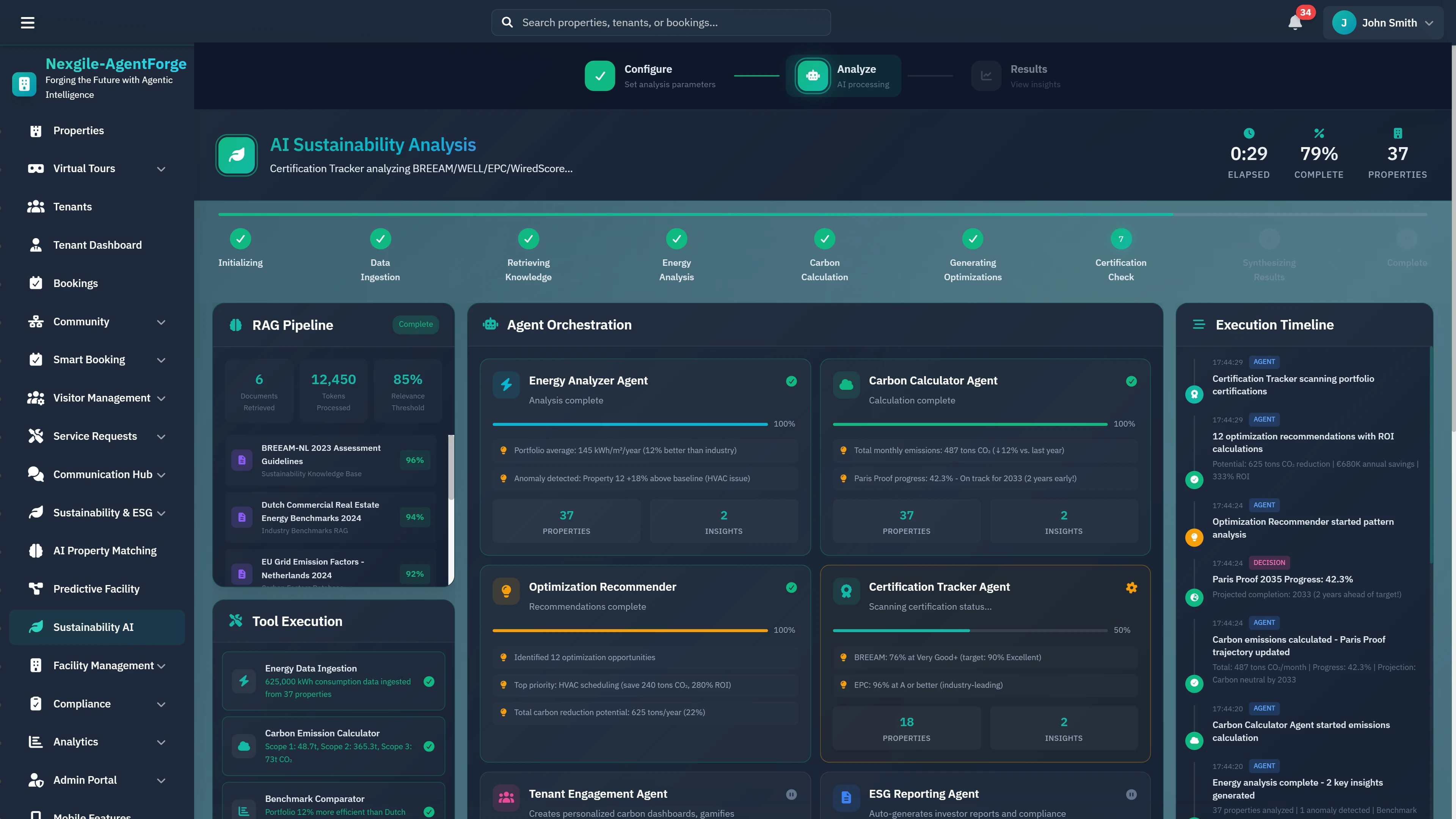 AI Sustainability Analysis - Multi-agent orchestration showing energy analyzer, carbon calculator, optimization recommender, and ESG reporting agents in action.