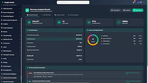 Recovery Analysis Results displaying projected recovery value, financial impact breakdown, strategy allocation chart, and AI-generated recommendations.