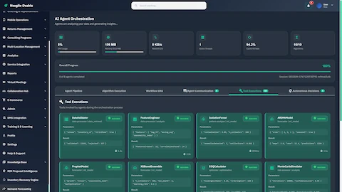 Tool Executions view with 10/10 algorithms completed including DataValidator, FeatureEngineer, IsolationForest, ProphetModel, XGBoostEnsemble, and MonteCarloSimulator.