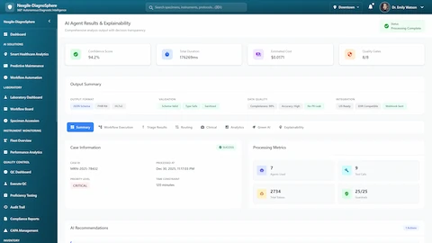 Results and Explainability Dashboard - Comprehensive case analysis with confidence scores, processing metrics, and quality gates