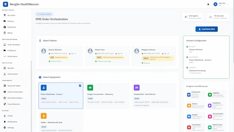 DME Order Orchestration configuration screen showing patient selection, equipment catalog, and 8 AI agents ready to process orders with sub-2-minute processing time