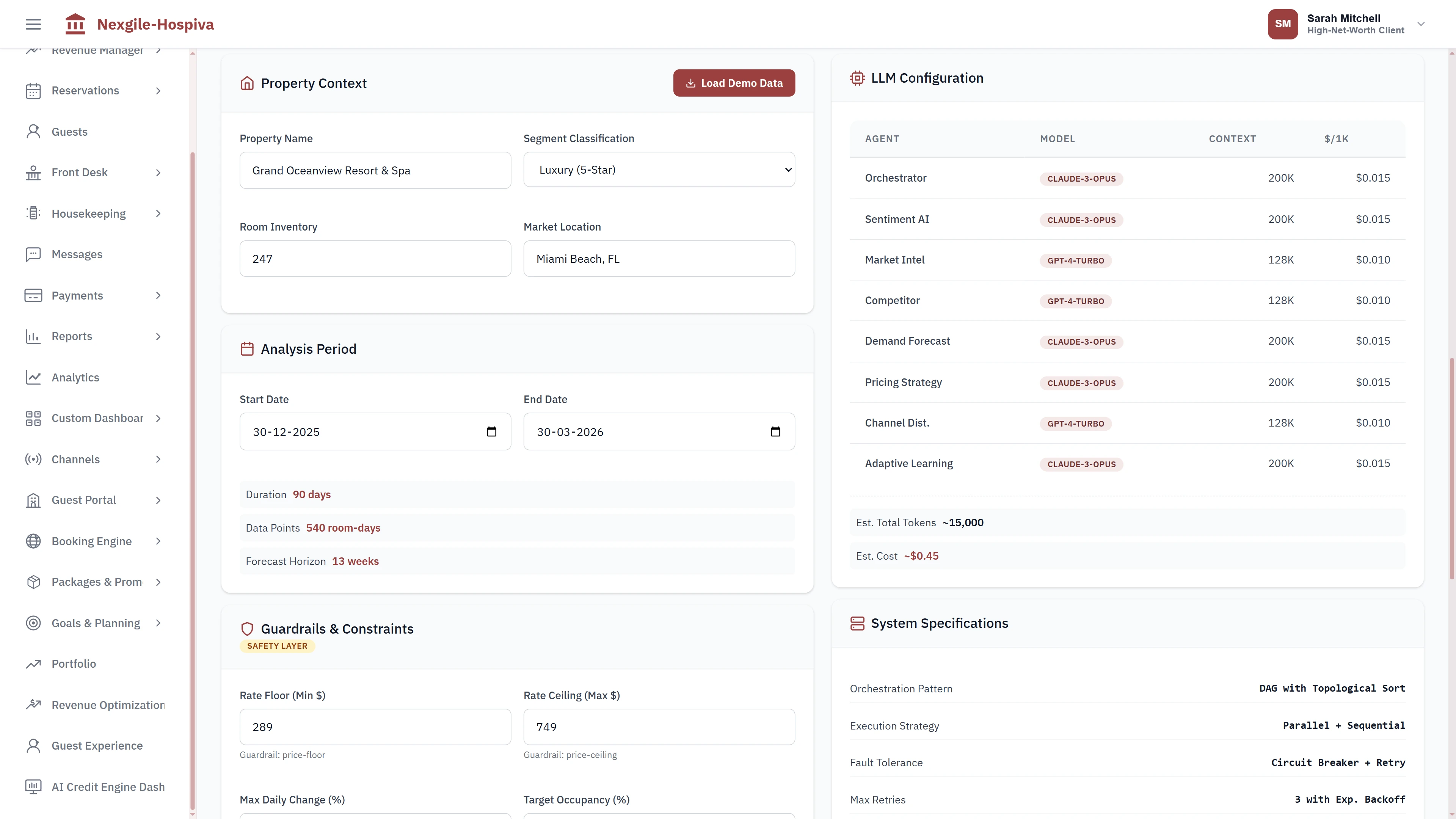 Configuration interface showing property context, analysis period, 8-agent LLM configuration with token costs, pricing guardrails, and system specifications
