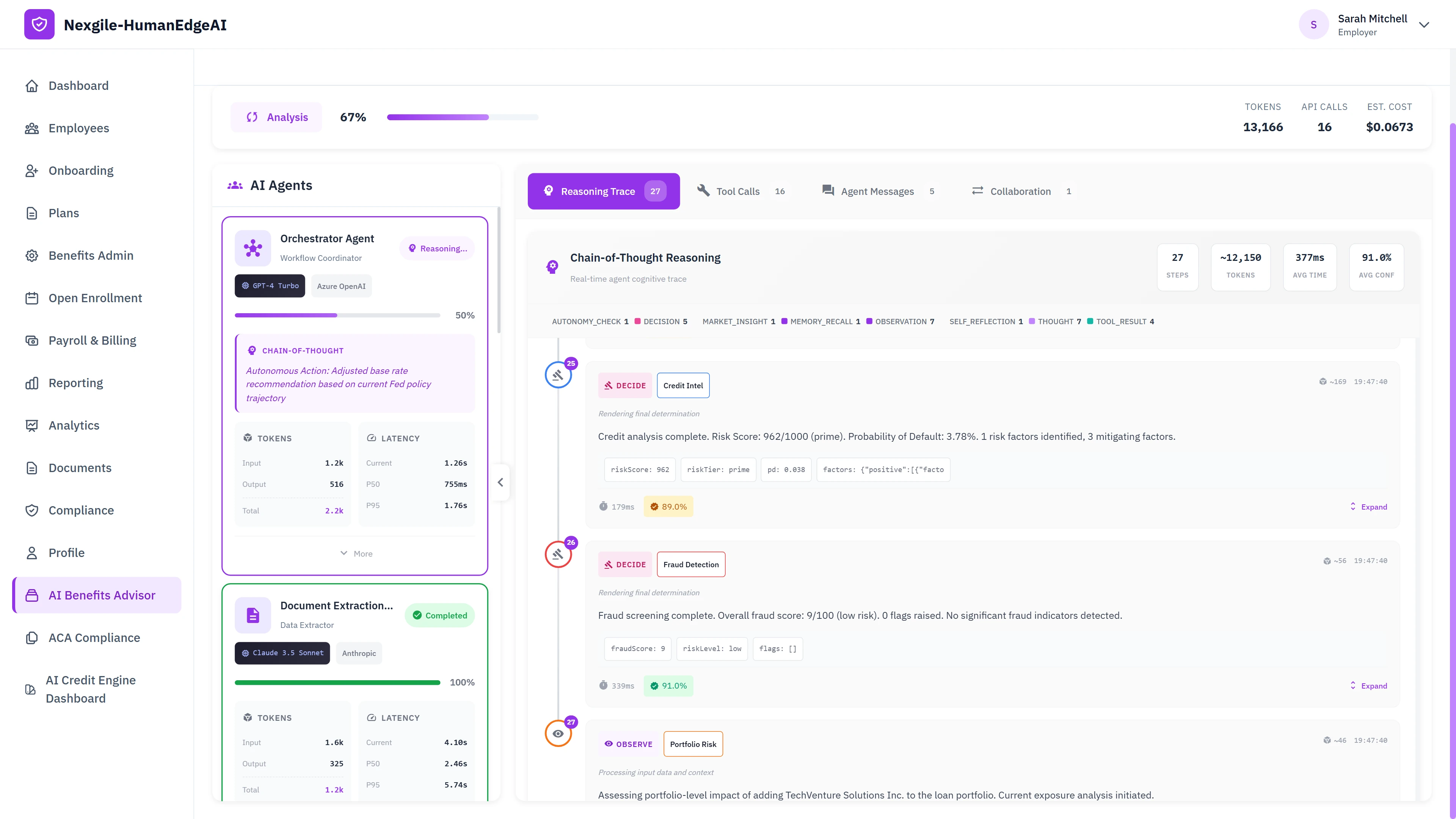 AI Agents analysis dashboard showing real-time chain-of-thought reasoning traces, credit intelligence and fraud detection results with confidence scores, token usage metrics, and orchestrator workflow coordination during loan processing