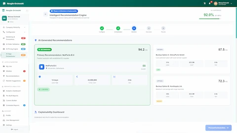 Intelligent Recommendation Engine - AI-generated supplier recommendations with 92% confidence, featuring primary and backup options with lead time, cost, and ROI analysis