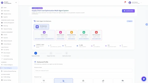Multi-Agent Architecture Overview - System configuration showing 12 specialized AI agents (Orchestrator, Data Discovery, Market Analysis, Anomaly Detection, Recommendation, Risk Assessment) with architecture diagram, system specifications, and restaurant profile setup step.