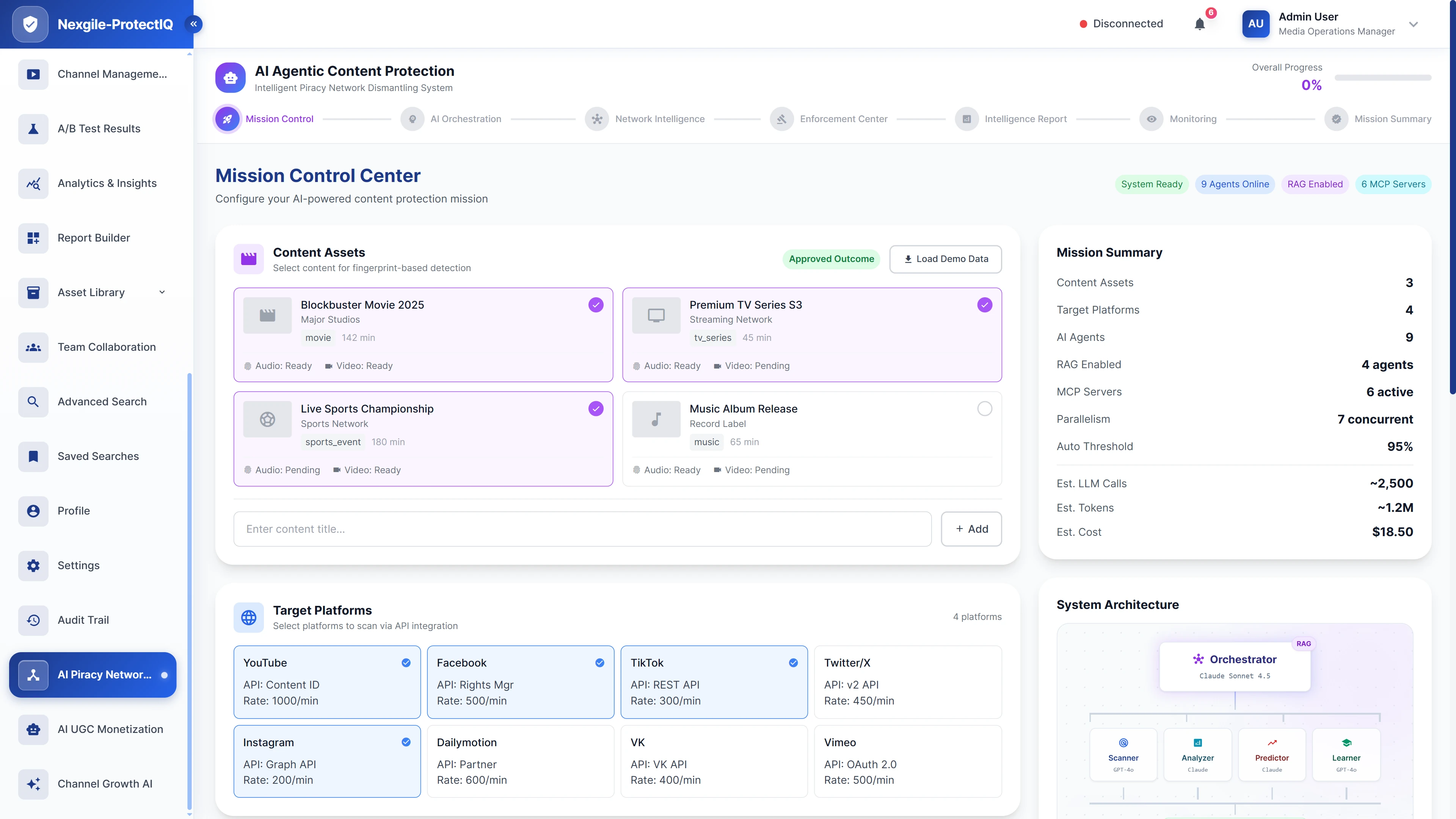 Mission Control Center for configuring AI-powered content protection with content assets, target platforms, and multi-agent system architecture