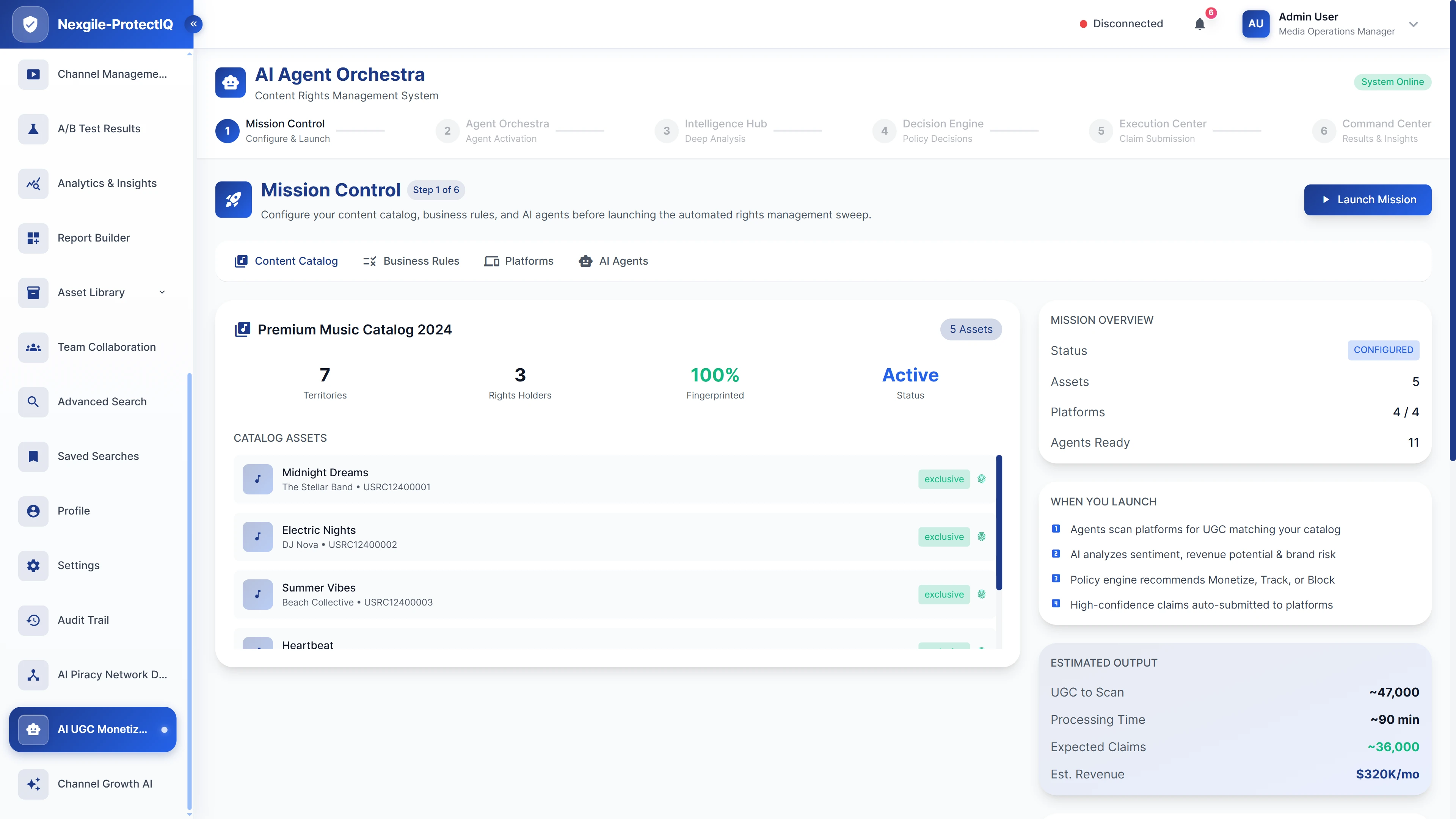Mission Control configuration for content rights management showing music catalog setup, business rules, and estimated UGC processing output
