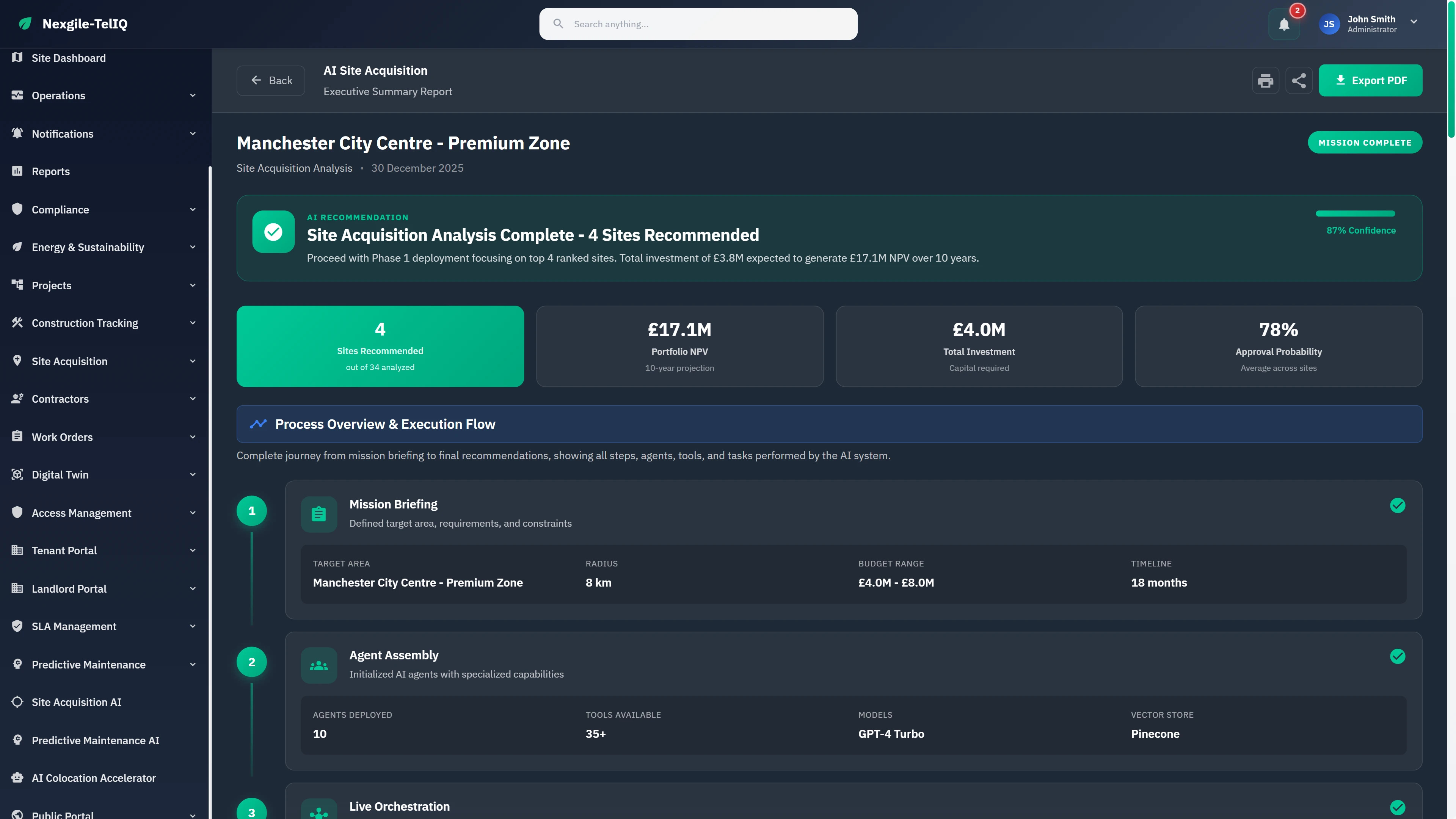 Executive Summary Report displaying site recommendations, portfolio NPV, investment analysis, and complete workflow execution