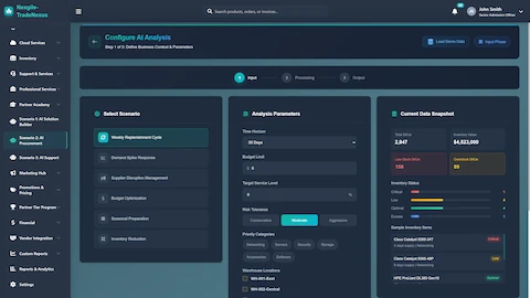 Configure AI Analysis - Scenario selection, analysis parameters, and real-time inventory snapshot with stock status indicators